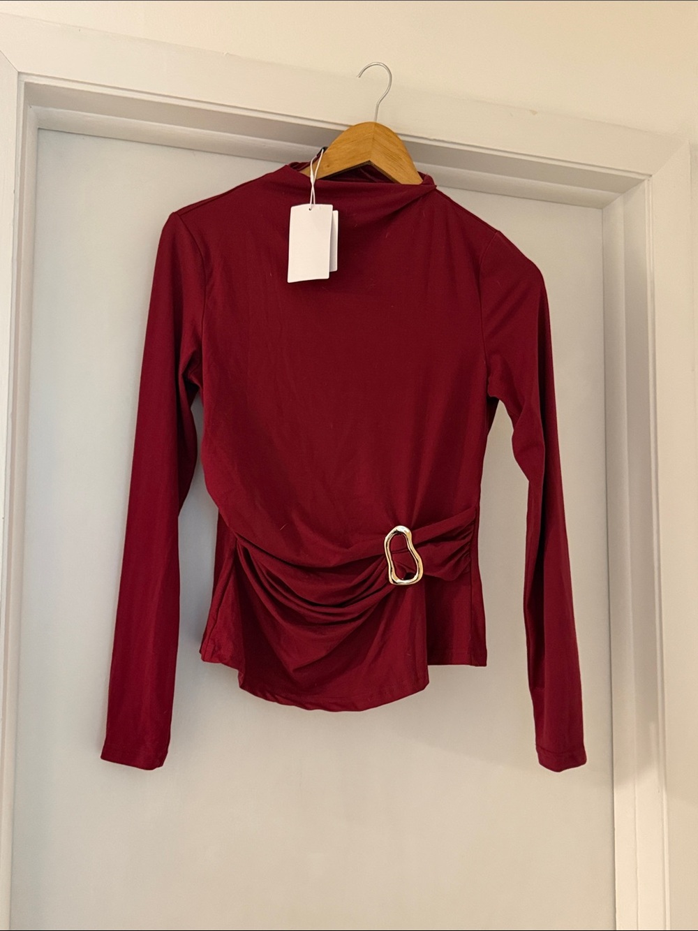 Gold-Buckle Draped Long Sleeve Top - Burgundy